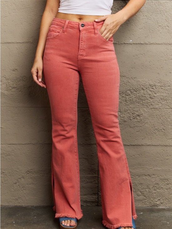 Risen Jeans Denim - Women's Pink Wide-Leg Flare Jeans with Frayed Hem